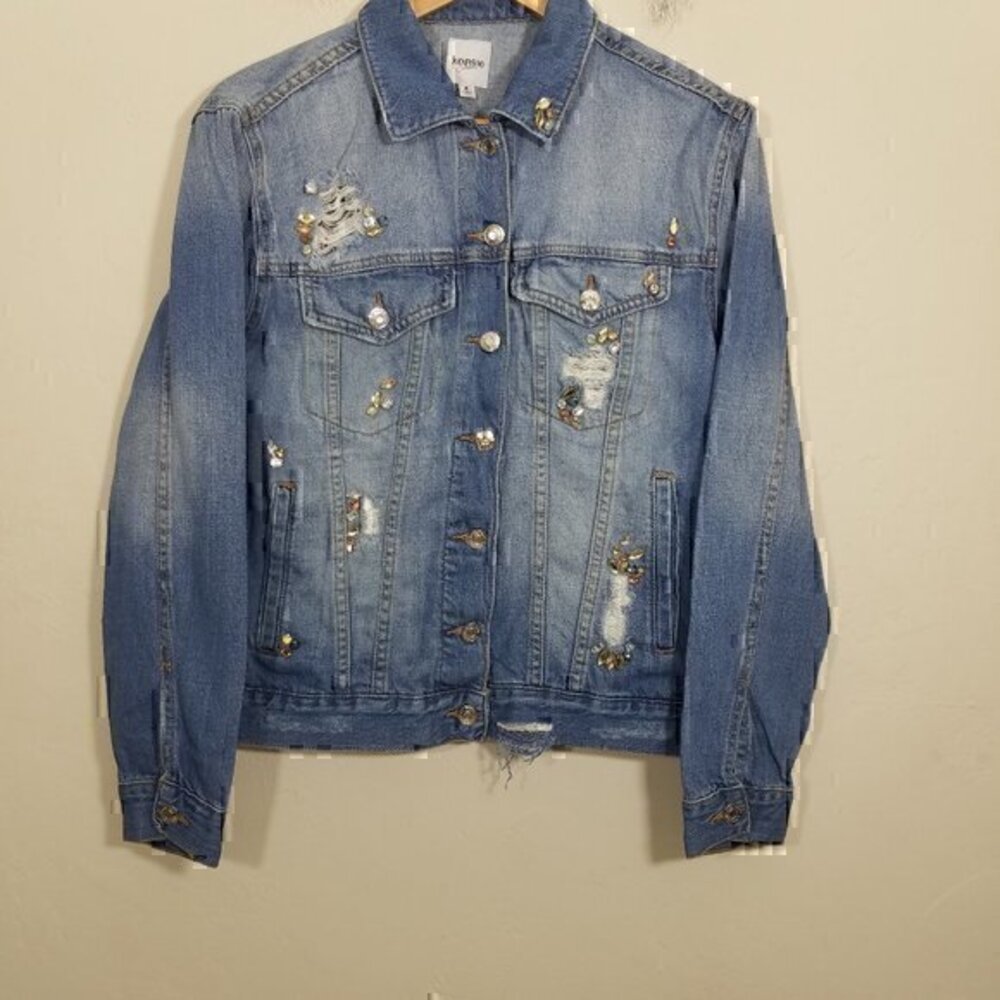 Kensie Distressed Pockets Button Front Long Sleeve Jean Jacket Size S